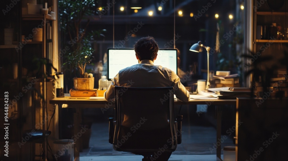 Poster Man Working at a Desk in Front of a Computer at Night