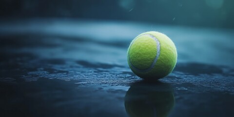 Dynamic Tennis Ball on Court: Atmospheric Sports Promotion for Health and Outdoor Activities. Minimalist Composition Capturing Athletic Spirit, Competition, and Freedom. Elegant Design Template with C