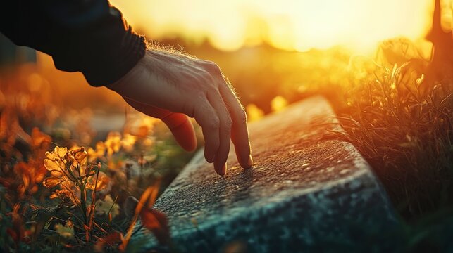 Man's hand touching a gravestone, honoring the past, soft evening light