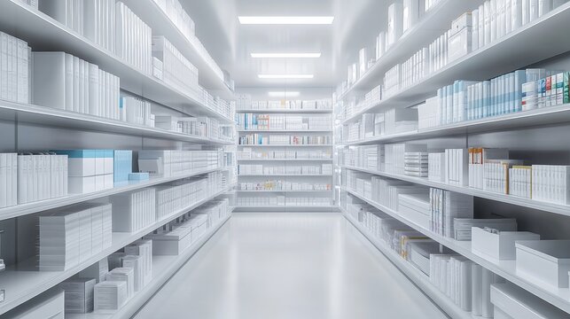Medical supply room, shelves of sterile equipment, under bright fluorescent lights