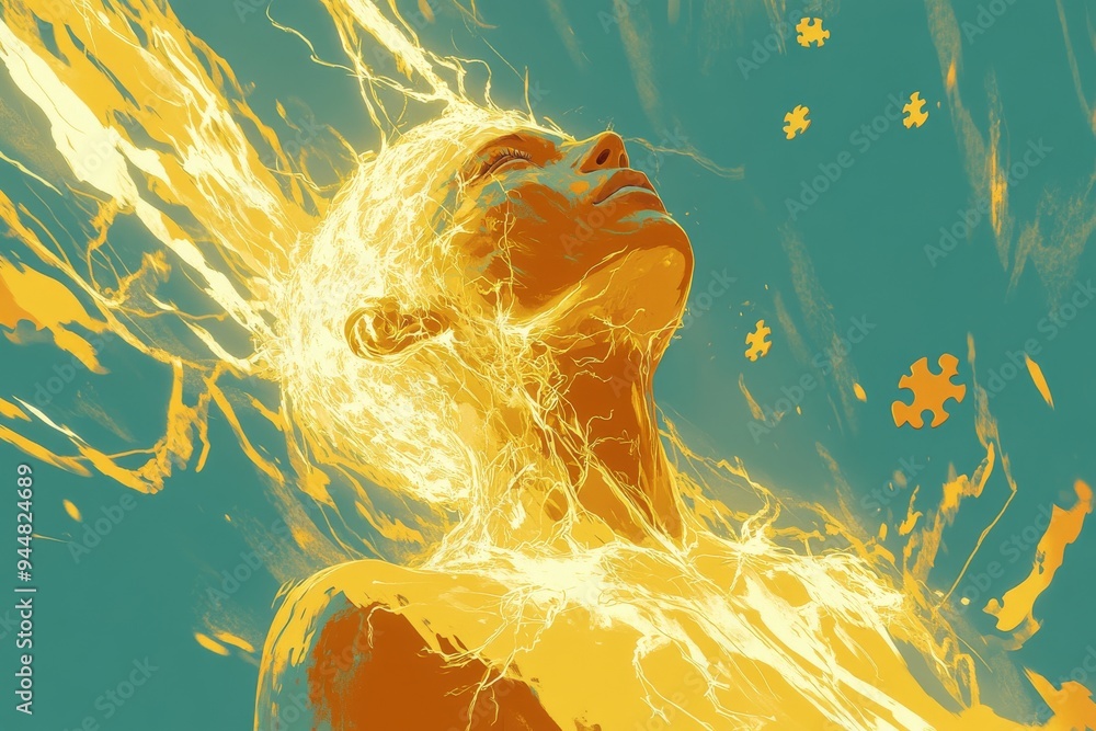 Poster ethereal figure illuminated by golden light symbolizing the power of human potential creativity and 