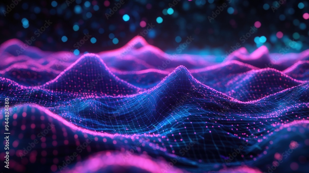 Poster 3d rendering of a neon grid terrain with gradient effects visualization of data generated through sc
