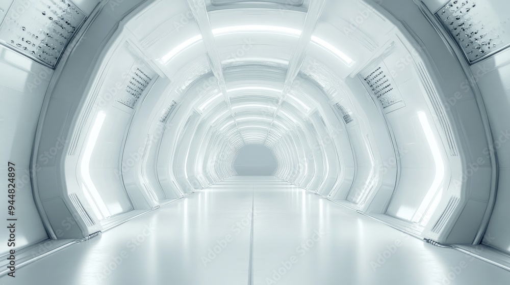 Poster 3d rendering of a white abstract sci fi tunnel featuring a futuristic spaceship corridor