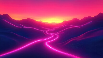 3D rendering of a minimalist abstract wallpaper featuring a vibrant neon background Glowing speed lines flow in front of mountains against a dramatic sunset sky