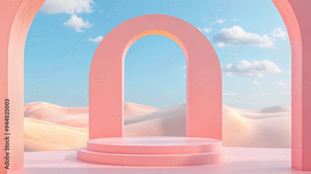 Poster 3d rendering of an abstract surreal pastel landscape featuring arches and a podium for product displ