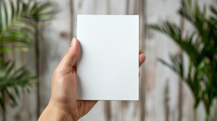 Hand Holding a Blank White Paper Outdoors with Natural Background