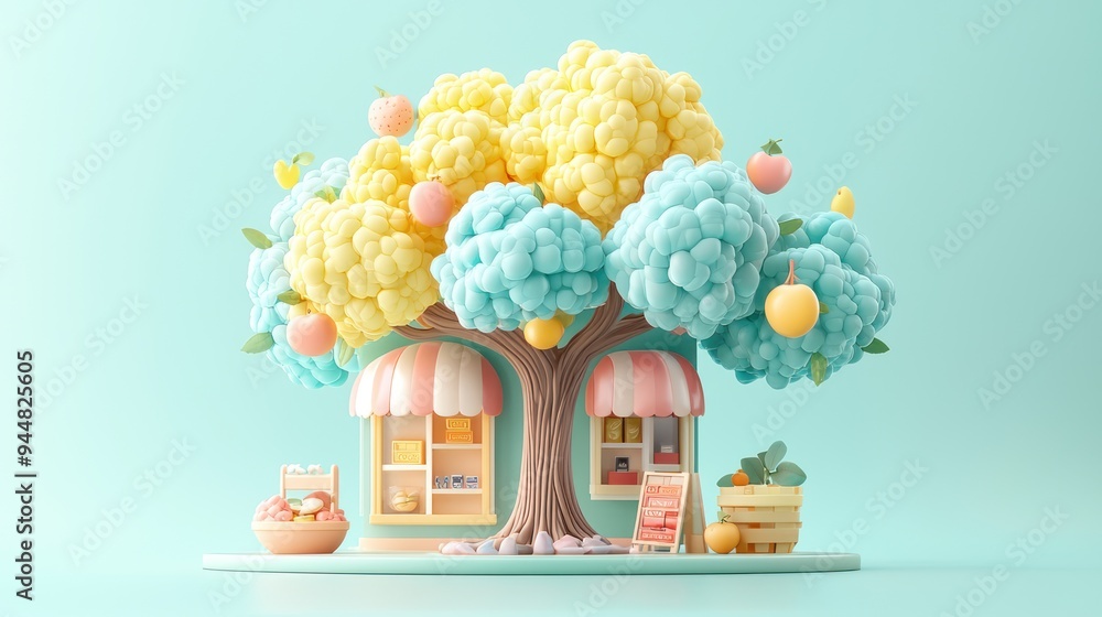 Poster digital diversity: surreal tree branches transform into online storefronts with product images, symb