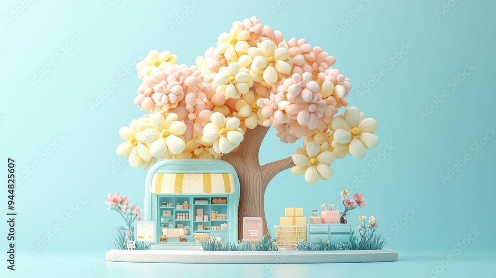 Poster digital diversity: surreal tree branches transform into online storefronts with product images, symb