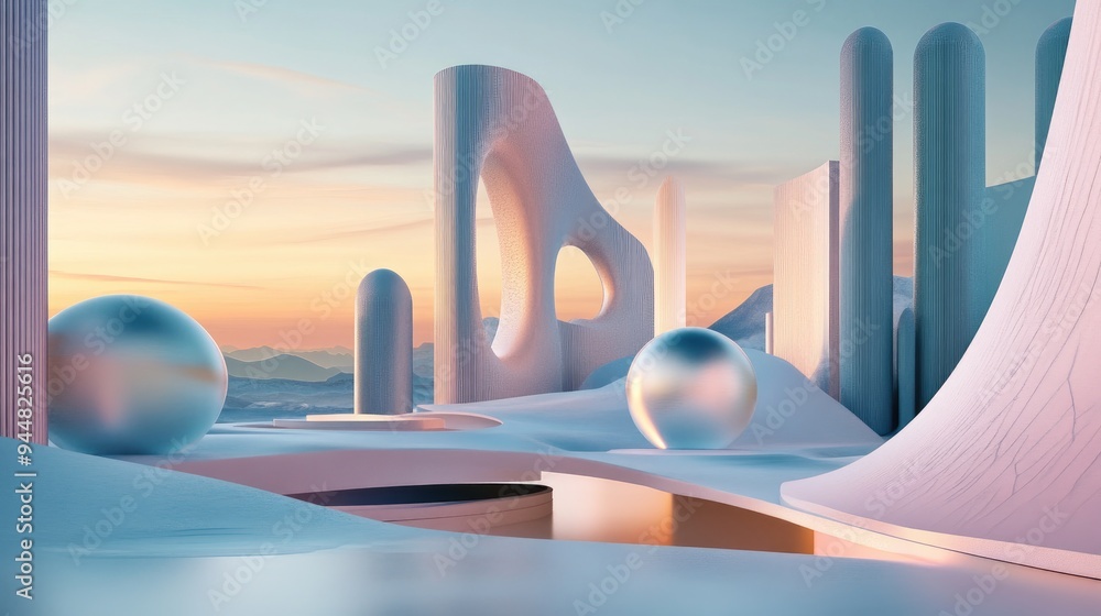 Poster Abstract 3D illustration showcasing dynamic architectural forms in a landscape setting