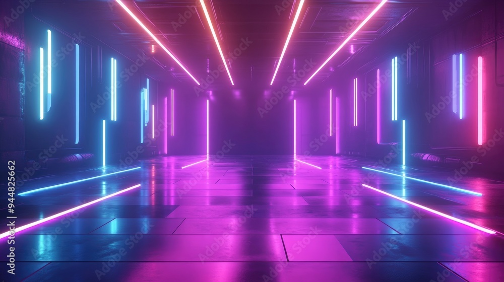Poster abstract 3d technology background featuring neon lights an empty scene with a spotlight dark atmosph