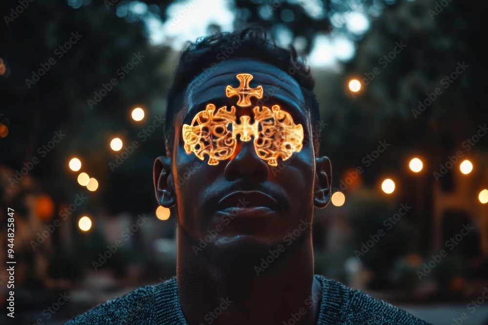 Poster abstract silhouette of a man with puzzle pieces overlaying his face symbolizing the fragmentation of