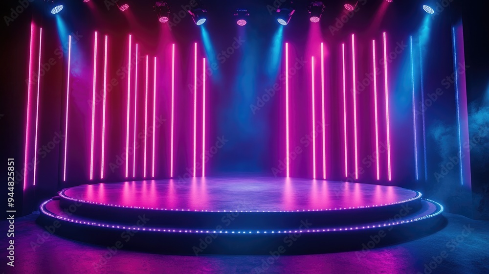 Poster abstract background featuring an empty stage illuminated by neon lights