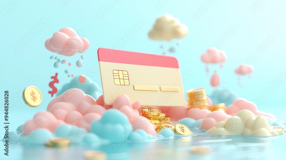 Poster digital flow of money and goods - surreal floating credit card in sky with coin rain and product ima