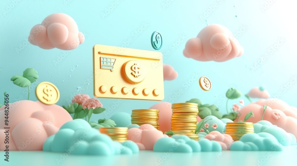 Poster digital flow of money and goods - floating credit card in surreal sky with rain of coins and product