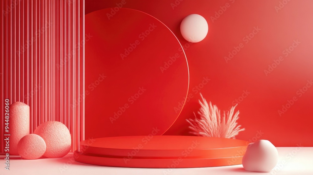 Leinwandbilder 3d red podium with geometric shapes on a floor designed for product presentation abstract minimalist