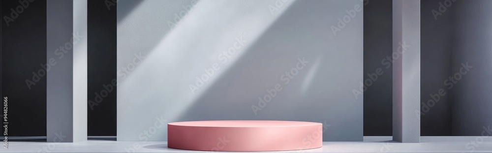 Poster 3D gray backdrop featuring a product display podium with a pink geometric platform