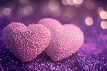 Fototapeta premium Two Soft Pink Hearts With Lace On Purple Glitter Background With Sparkles - Valentine's Day Concept with generative ai