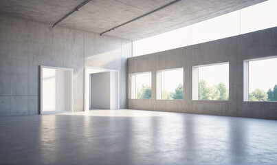 Obraz premium A wide, empty room with concrete walls and floors. Sunlight shines through the large windows, creating bright spots on the floor