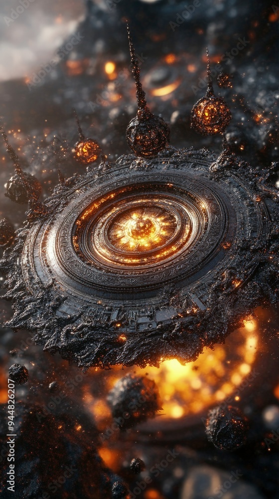 Poster quantum computer core, intricate design, floating particles, soft glow