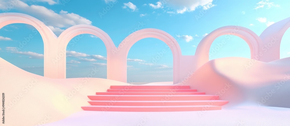 Poster 3D render of an abstract surreal pastel landscape featuring arches and a podium for product display panoramic view with a vibrant dune scene blue sky and clouds complemented by minimalist decor des