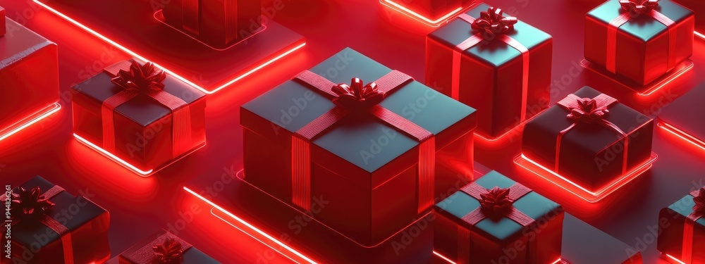 Poster 3D rendered illustration of an isometric pattern featuring realistic gift boxes An empty display stand and blank gift boxes for product showcasing Open and closed red present boxes adorned with re
