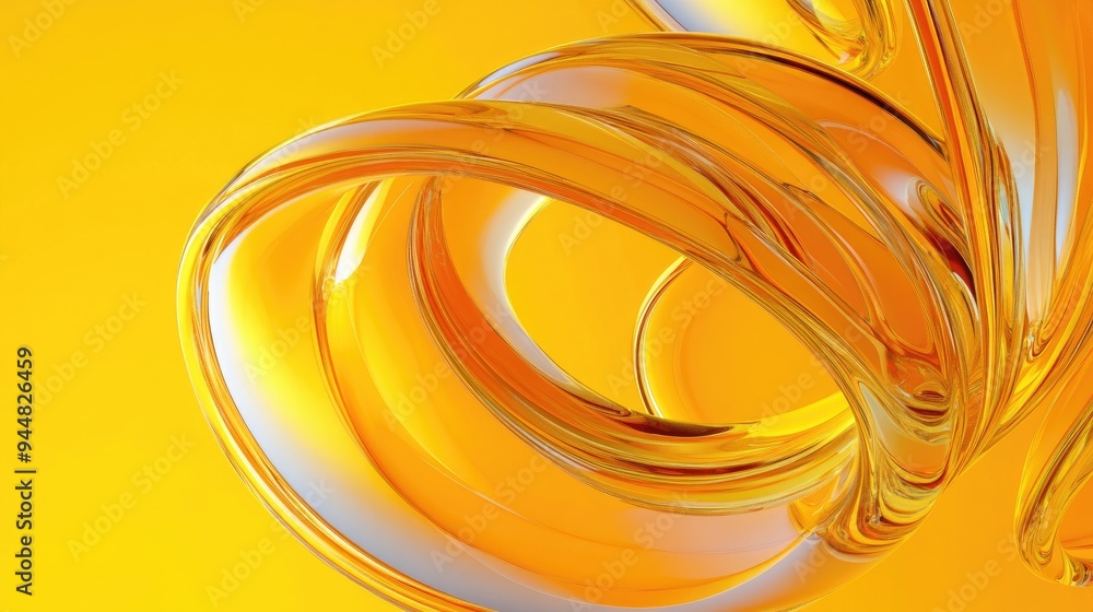 Poster abstract circular glass shapes and curves set against a yellow background rendered in 3d digital ill
