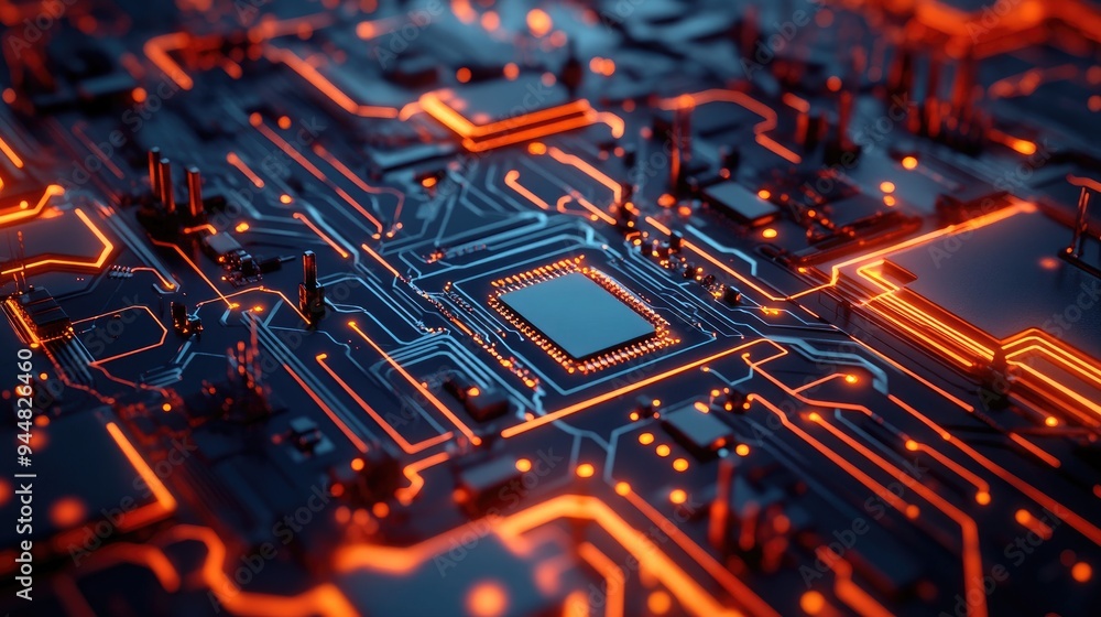 Poster abstract circuit board background with network technology elements 3d rendering showcasing a concept