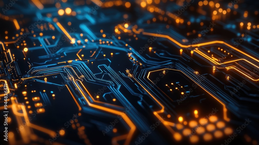 Poster abstract circuit board background with network technology elements 3d rendering showcasing a concept
