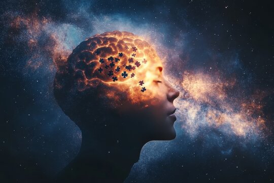 Cosmic profile of a woman with a glowing brain symbolizing the boundless potential of thought creativity and the vast expanse of human cognition in a surreal starry composition