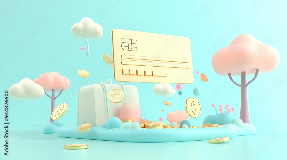Poster e-commerce dreams: credit card floating in digital coin rain with product images in surreal sky, gen