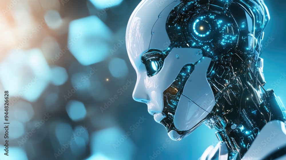 Poster abstract digital technology backdrop featuring a dynamic artificial intelligence robot capable of tr