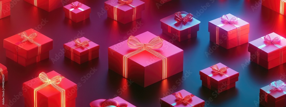 Poster 3D rendered illustration of an isometric pattern featuring realistic gift boxes An empty display stand and blank gift boxes for product showcasing Open and closed red present boxes adorned with re