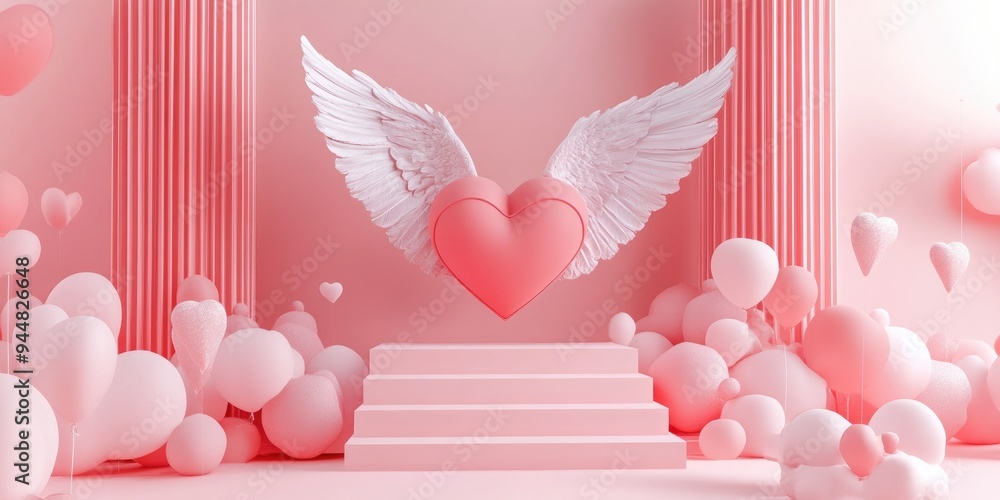 Poster 3D rendering of an abstract product display featuring a heart cupid wings and steps suitable for a romantic theme