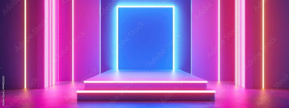Aufkleber 3D rendered abstract backdrop featuring a square portal illuminated lines neon lights a virtual reality arch and vibrant pink and blue spectrum colors resembling a laser show with a blank space an