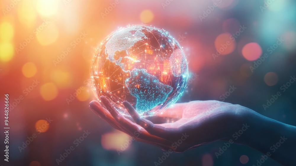 Poster abstract digital hand holding a globe against a blurred backdrop symbolizing robotics cyberspace and