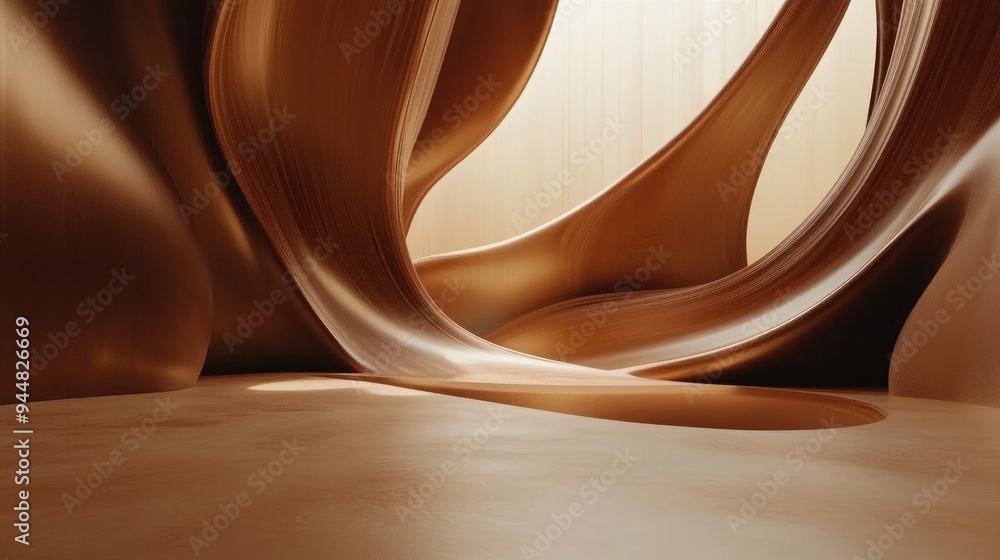 Poster abstract dynamic interior featuring smooth brown objects 3d illustration and rendering