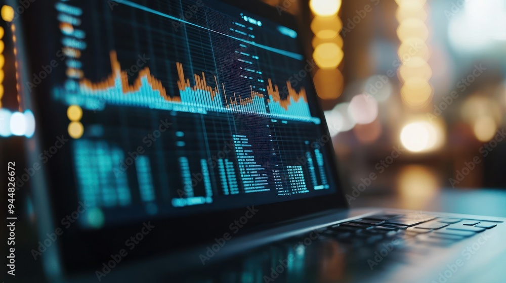 Poster laptop displaying financial data with blurry background lights