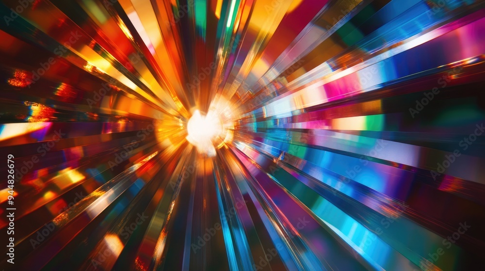 Poster abstract disc shaped objects emitting rays of spectrum colors