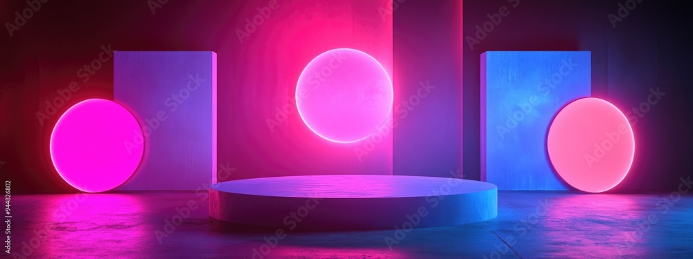 Poster 3D rendering of a studio featuring geometric shapes and a podium on the floor designed for product display and mock up purposes
