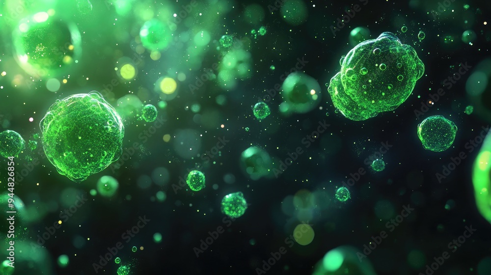 Poster abstract green light biotechnology background with spark on a black canvas features elements reminis
