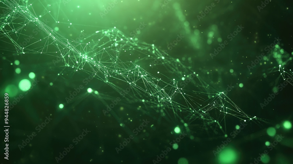 Poster abstract green technology background featuring connected particles and plexus lines illuminated by s