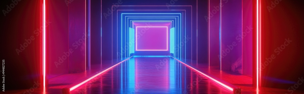 Fototapete 3D rendering of a virtual reality space featuring a neon lit square portal tunnel and corridor with an ultraviolet abstract backdrop complemented by a laser display a fashion catwalk podium and re