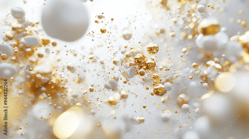 Poster abstract macro particles with a white and gold color scheme rendered in 3d