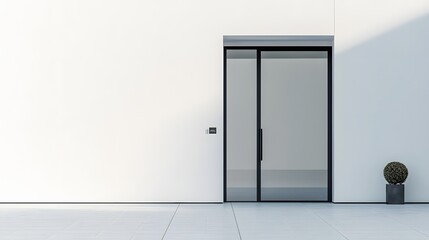 20. **A modern entry door with a clear glass insert and minimalist design, displayed on a pristine white background.