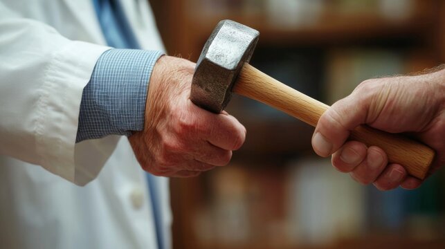 Close-up of a doctor hand checking a patient reflexes with a hammer