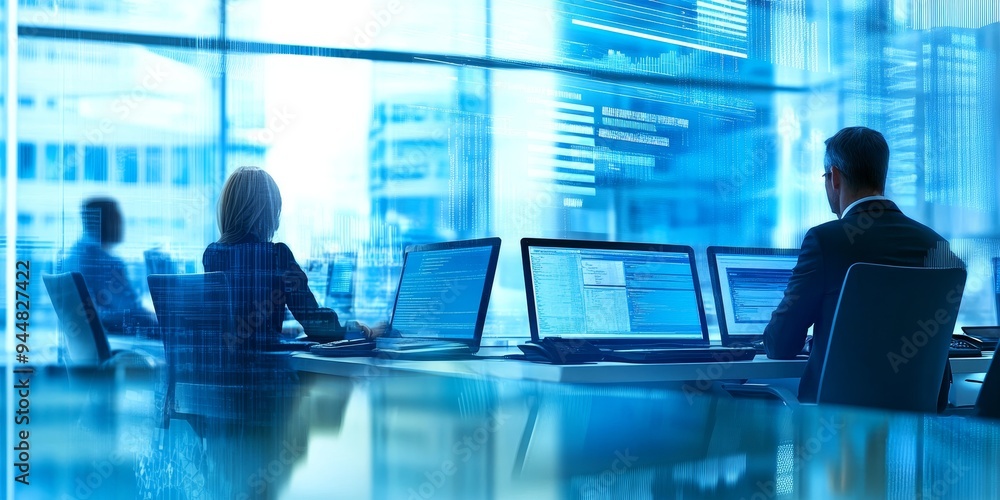 Poster corporate team relying on it services for software maintenance and technical support in a high-tech 