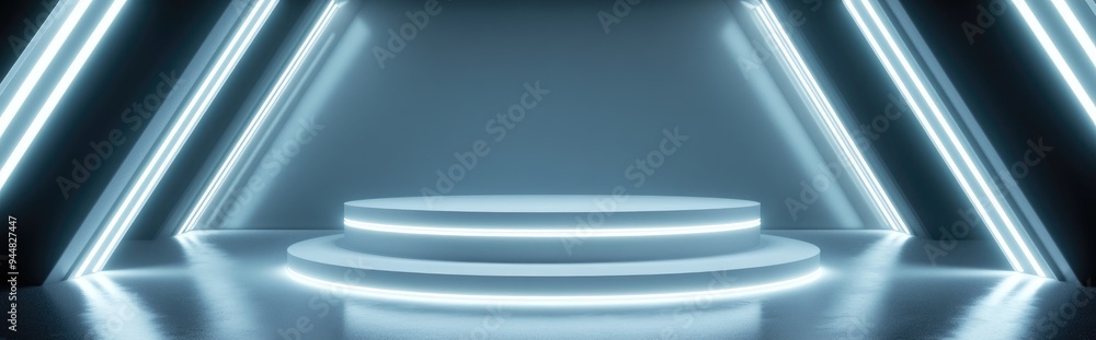 Poster 3d rendering of a futuristic product display background featuring a scientific podium illuminated by