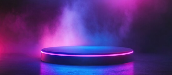 3D geometric shape podium with a gradient of purple and blue neon lights against a dark background Abstract illustration for showcasing technology products or nightclub events
