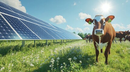 Solar panel farm with grazing cattle, rural setting, bright daylight, pastoral scene