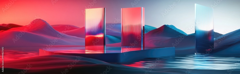 Poster 3d render of a surreal landscape featuring water and vibrant sand a podium display set against an ab